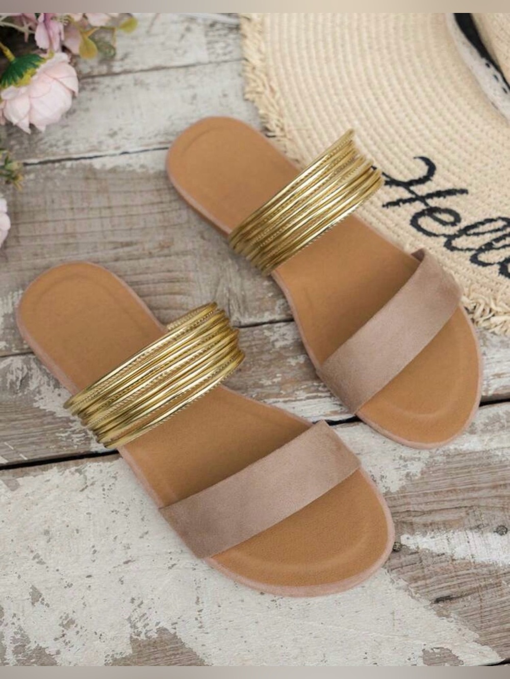 Women’s Gold Accent Khaki Slide Sandals - LIKE NEW!